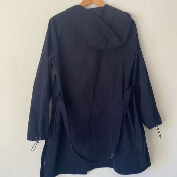 Lafayette 148 sz L navy cotton jacket snap and zip front with belt hooded EUC - Picture 5 of 5